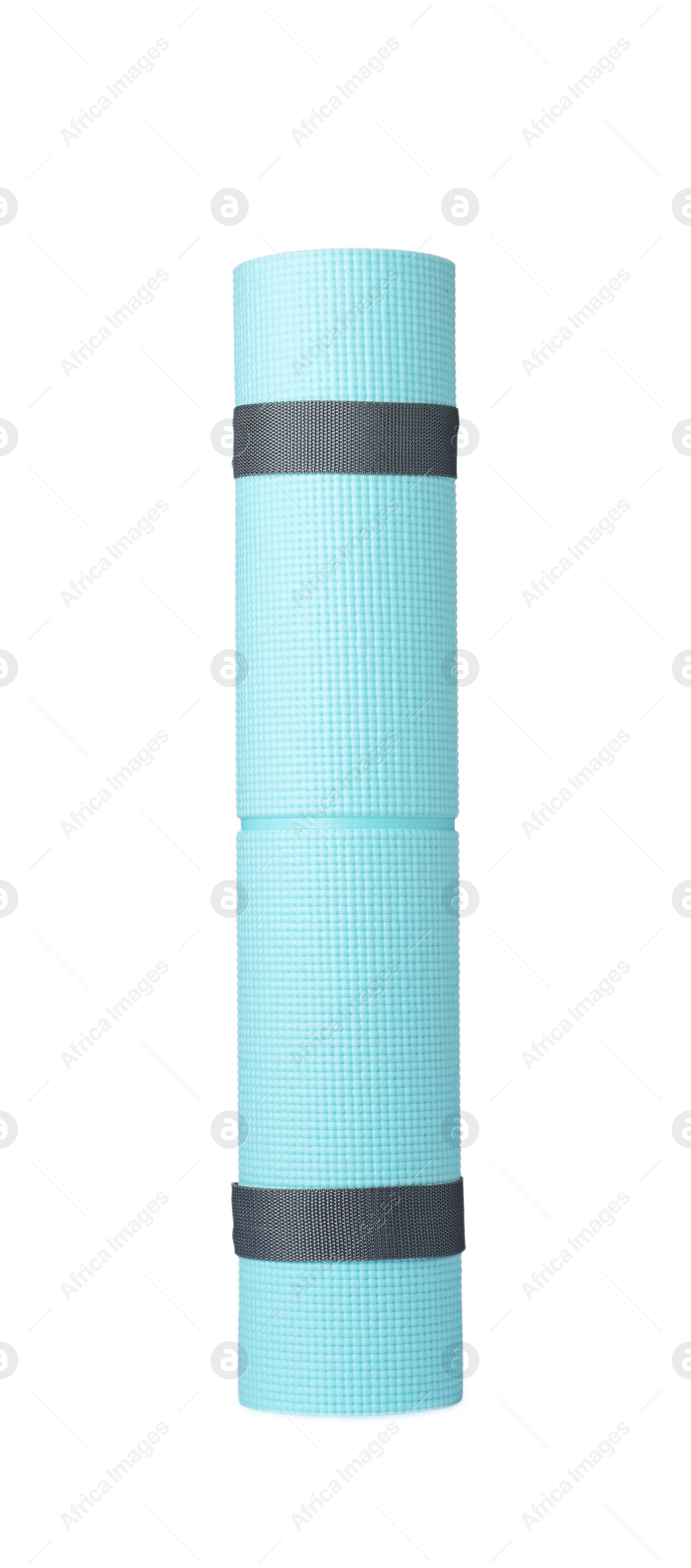 Rolled light blue camping mat isolated on white Photo of Rolled light blue camping mat isolated on white