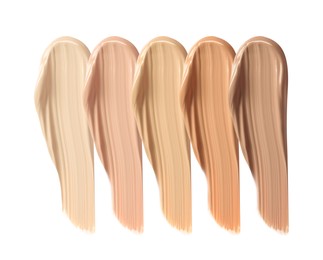 Different shades of liquid skin foundation on white background, top view Image of Different shades of liquid skin foundation on white background, top view