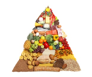 Food pyramid on white background, top view. Healthy balanced diet Photo of Food pyramid on white background, top view. Healthy balanced diet