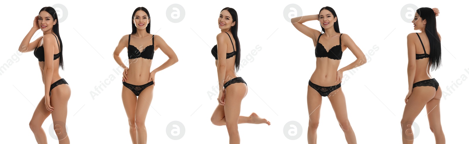 Collage of beautiful young woman in black underwear isolated on white Image of Collage of beautiful young woman in black underwear isolated on white