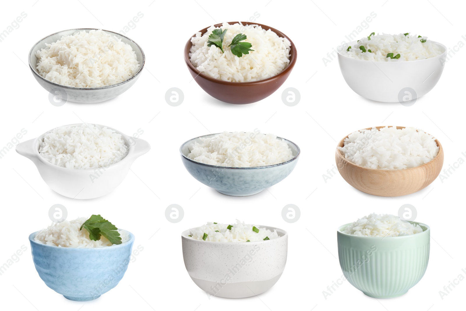 Image of Set of bowls with cooked rice isolated on white