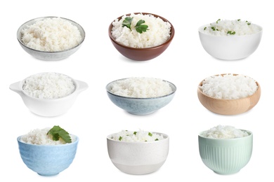 Set of bowls with cooked rice isolated on white Image of Set of bowls with cooked rice isolated on white