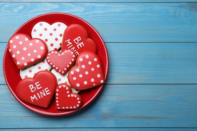 Valentine's day cookies on white wooden table, top view. Space for text Photo of Valentine's day cookies on white wooden table, top view. Space for text