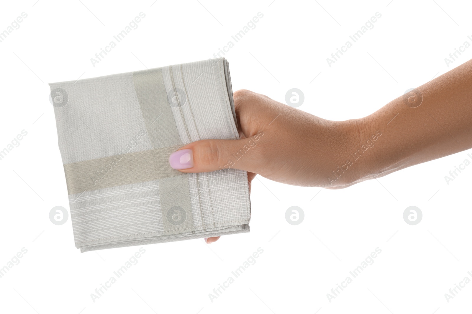 Woman holding handkerchief isolated on white, closeup Photo of Woman holding handkerchief isolated on white, closeup
