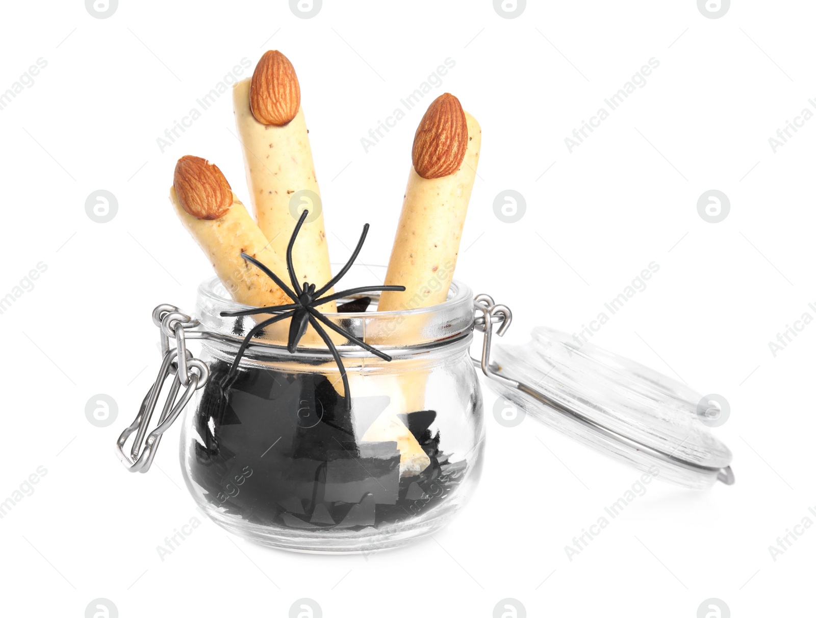 Delicious desserts decorated as monster fingers on white background. Halloween treat Photo of Delicious desserts decorated as monster fingers on white background. Halloween treat