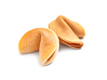 Traditional homemade fortune cookies on white background Photo of Traditional homemade fortune cookies on white background