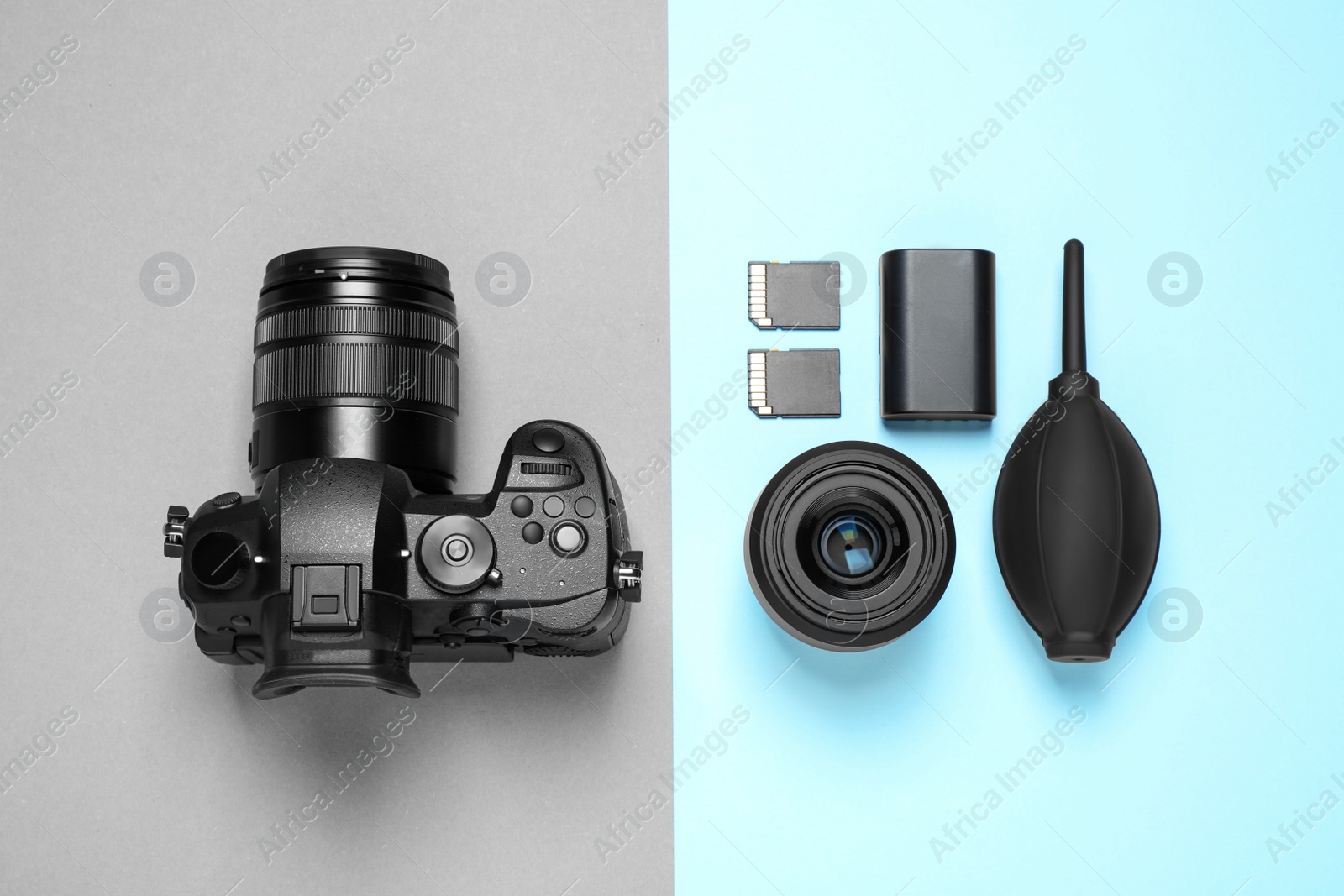 Flat lay composition with camera and video production equipment on color background Photo of Flat lay composition with camera and video production equipment on color background