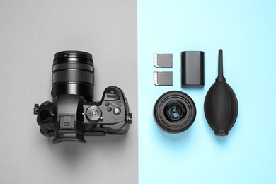 Flat lay composition with camera and video production equipment on color background Photo of Flat lay composition with camera and video production equipment on color background