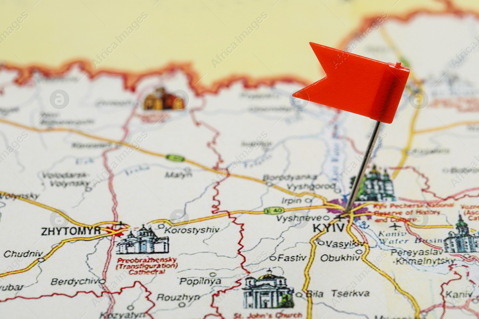 MYKOLAIV, UKRAINE - NOVEMBER 09, 2020: Kyiv city marked with push pin on map of Ukraine, closeup Photo of MYKOLAIV, UKRAINE - NOVEMBER 09, 2020: Kyiv city marked with push pin on map of Ukraine, closeup