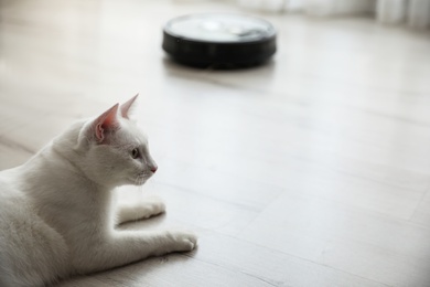 Cute white cat in room and modern robotic vacuum cleaner on background Photo of Cute white cat in room and modern robotic vacuum cleaner on background