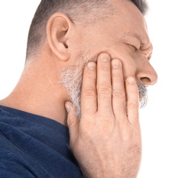 Photo of Man suffering from toothache on white background