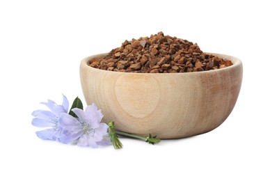 Bowl of chicory granules and flowers on white background Photo of Bowl of chicory granules and flowers on white background