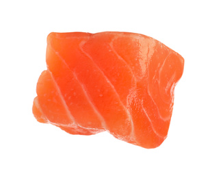 Piece of fresh raw salmon isolated on white. Fish delicacy Photo of Piece of fresh raw salmon isolated on white. Fish delicacy