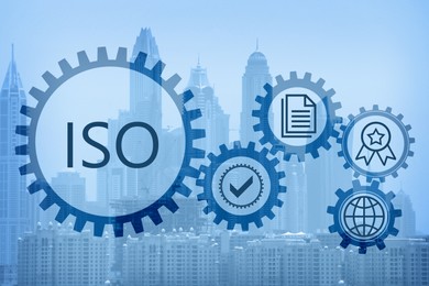 International Organization for Standardization (ISO). Different virtual icons and cityscape on background Image of International Organization for Standardization (ISO). Different virtual icons and cityscape on background