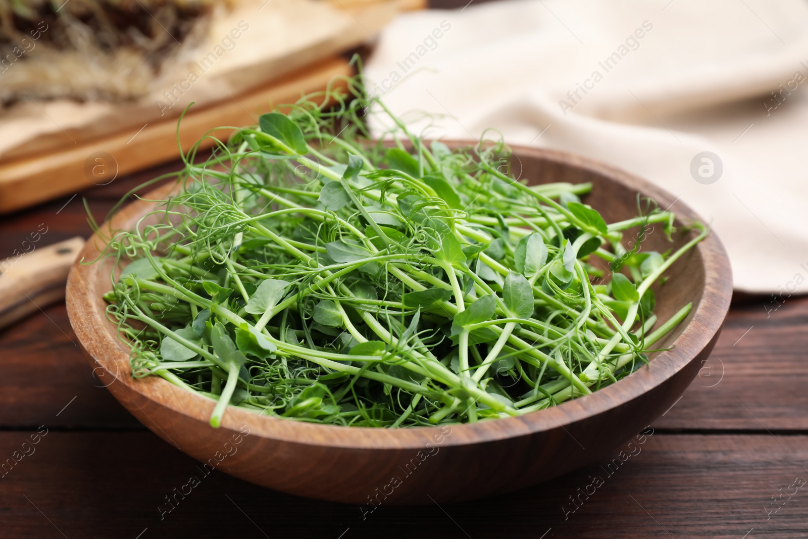 Plate with fresh microgreen on brown wooden table, closeup Photo of Plate with fresh microgreen on brown wooden table, closeup