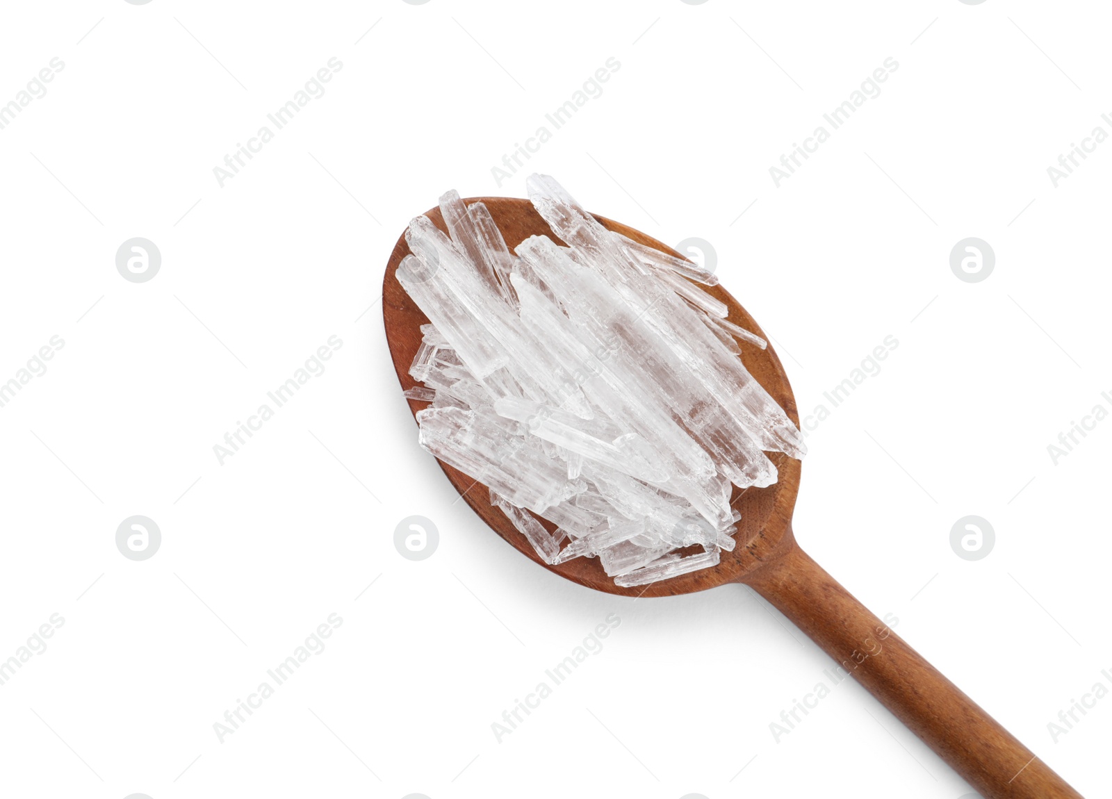 Menthol crystals on white background, top view Photo of Menthol crystals on white background, top view