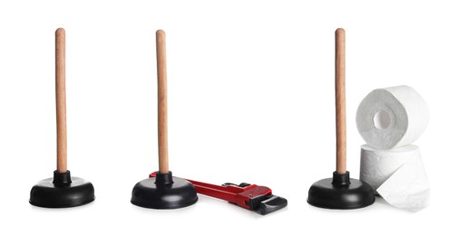 Set with different plungers on white background. Banner design Image of Set with different plungers on white background. Banner design