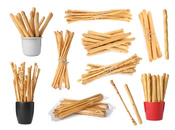 Set with delicious crispy grissini sticks on white background Image of Set with delicious crispy grissini sticks on white background