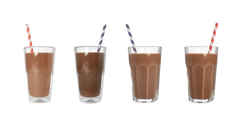 Set with delicious chocolate milk on white background. Banner design Image of Set with delicious chocolate milk on white background. Banner design