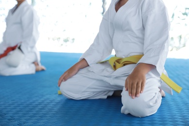 Children in kimono sitting on tatami, closeup. Karate practice Photo of Children in kimono sitting on tatami, closeup. Karate practice