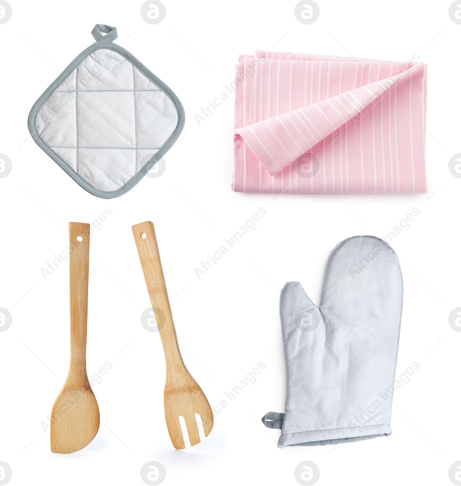 Image of Set with different kitchen utensils and oven glove on white background, top view