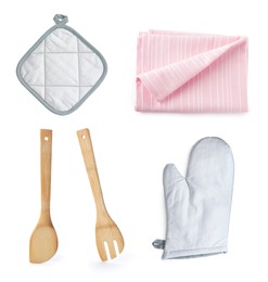Set with different kitchen utensils and oven glove on white background, top view Image of Set with different kitchen utensils and oven glove on white background, top view