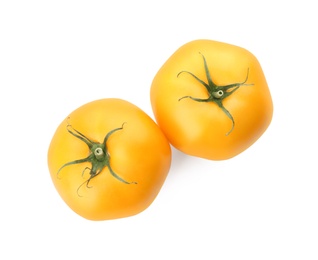 Delicious ripe yellow tomatoes isolated on white, top view Photo of Delicious ripe yellow tomatoes isolated on white, top view