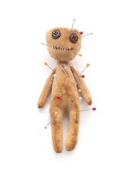 Voodoo doll with pins isolated on white Photo of Voodoo doll with pins isolated on white