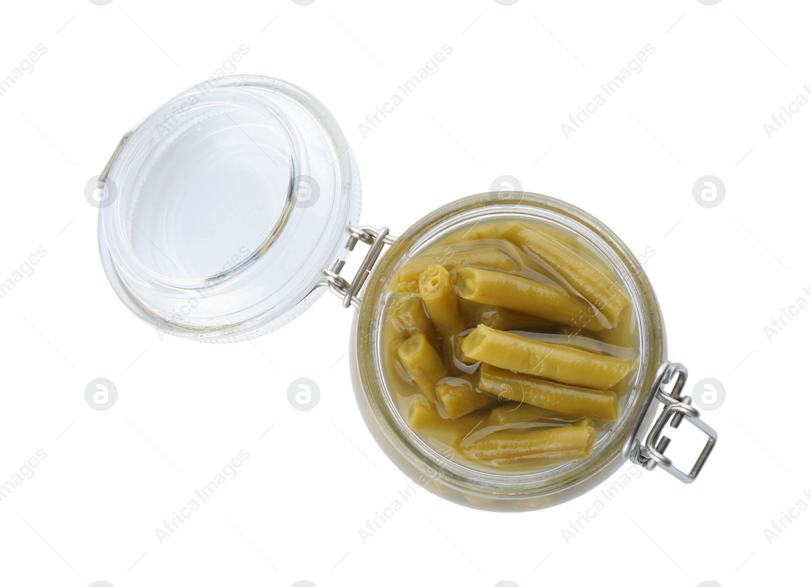 Canned green beans in jar isolated on white, top view Photo of Canned green beans in jar isolated on white, top view