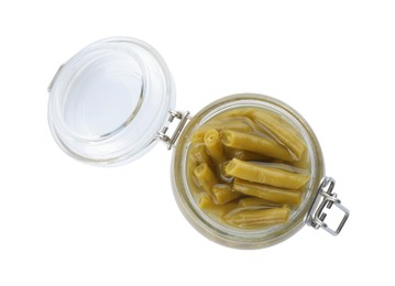 Canned green beans in jar isolated on white, top view Photo of Canned green beans in jar isolated on white, top view