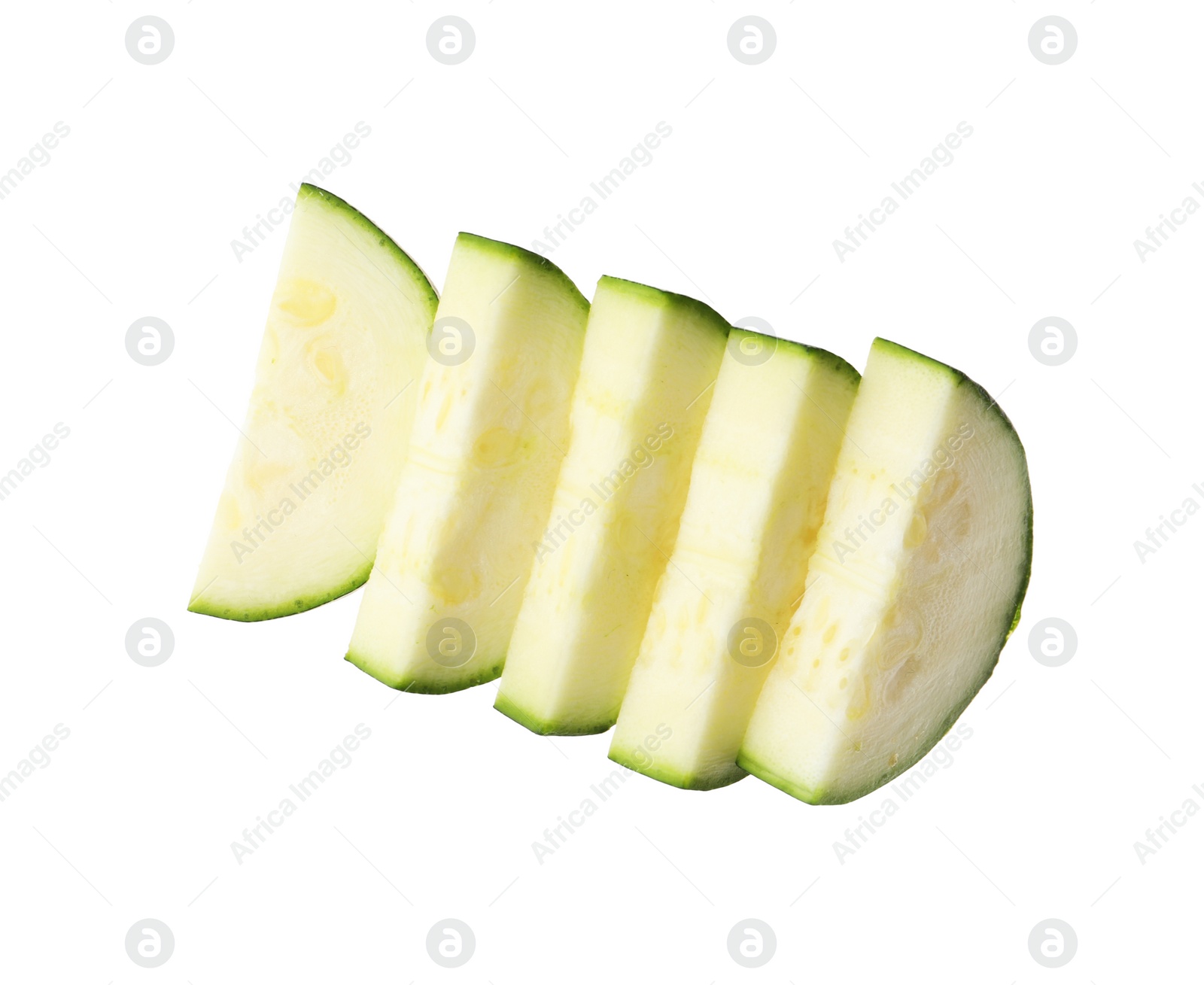 Photo of Slices of ripe zucchini on white background, top view