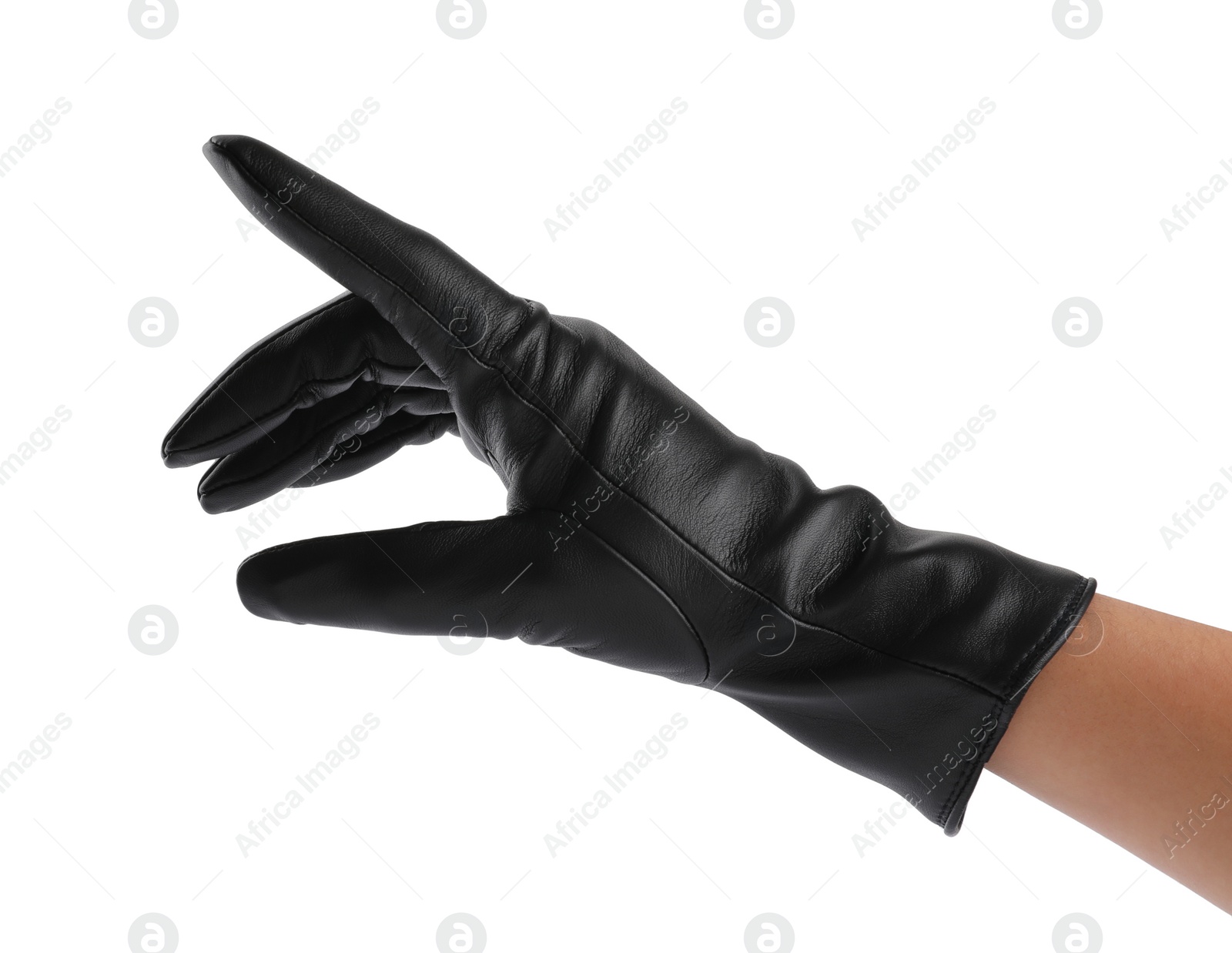 Woman wearing black leather glove on white background, closeup Photo of Woman wearing black leather glove on white background, closeup