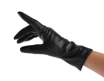 Woman wearing black leather glove on white background, closeup Photo of Woman wearing black leather glove on white background, closeup