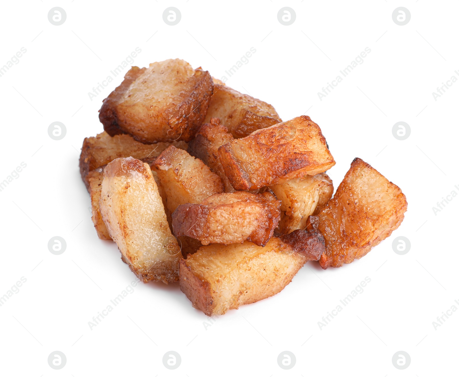 Tasty fried cracklings on white background. Cooked pork lard Photo of Tasty fried cracklings on white background. Cooked pork lard