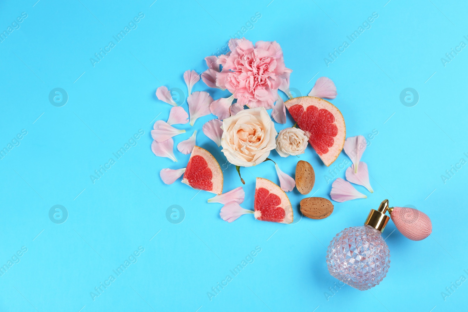 Flat lay composition with bottle of perfume on light blue background Photo of Flat lay composition with bottle of perfume on light blue background