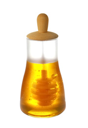Photo of Jar with organic honey and dipper isolated on white