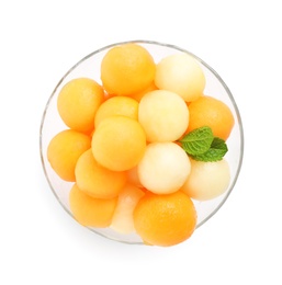 Melon balls and mint in glass isolated on white, top view Photo of Melon balls and mint in glass isolated on white, top view