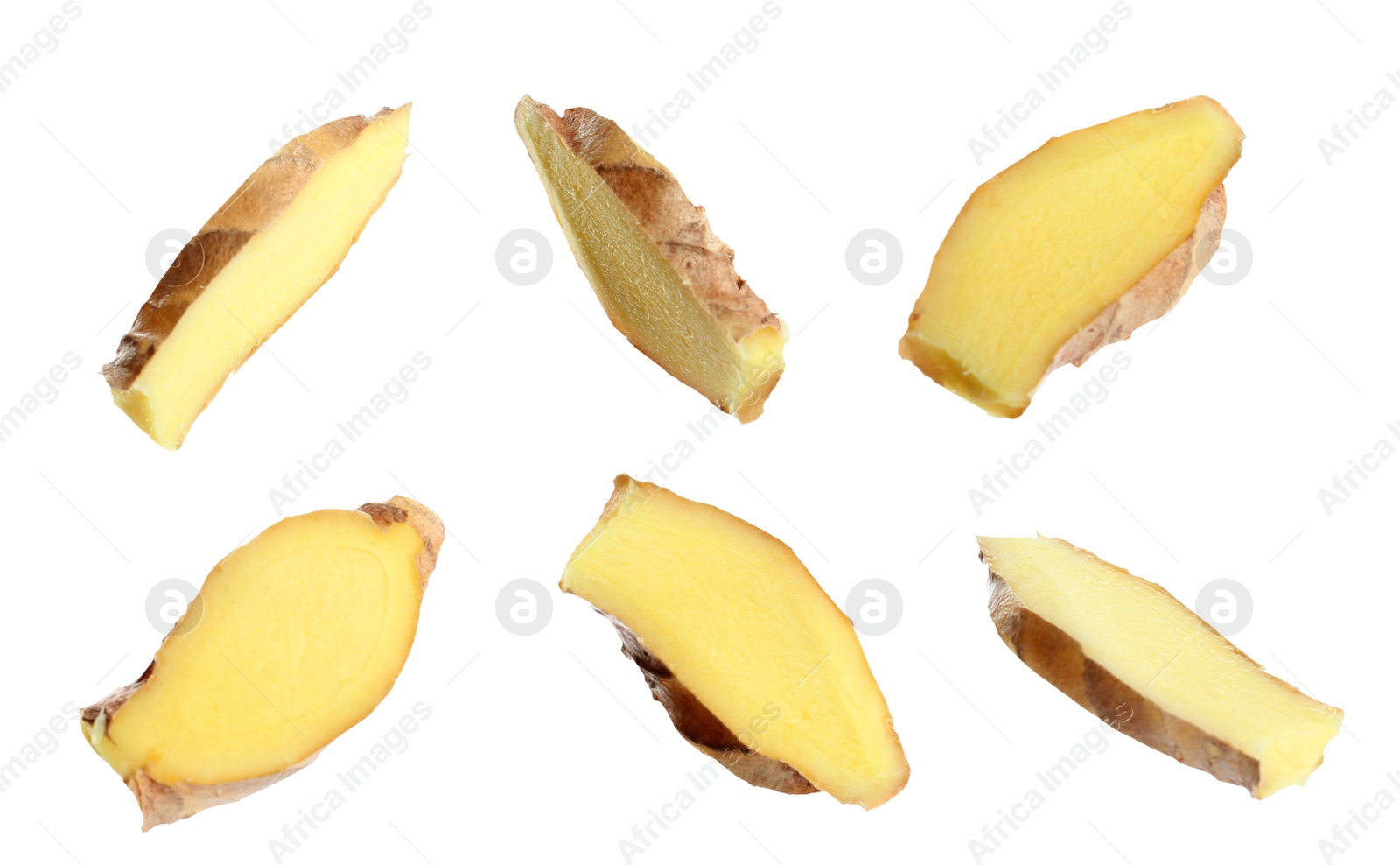 Set of fresh ginger slices on white background Image of Set of fresh ginger slices on white background
