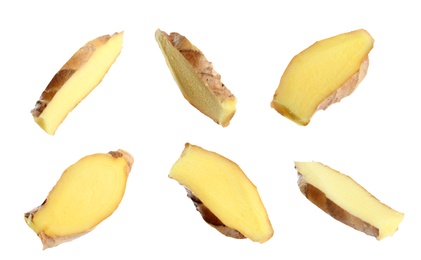 Set of fresh ginger slices on white background Image of Set of fresh ginger slices on white background