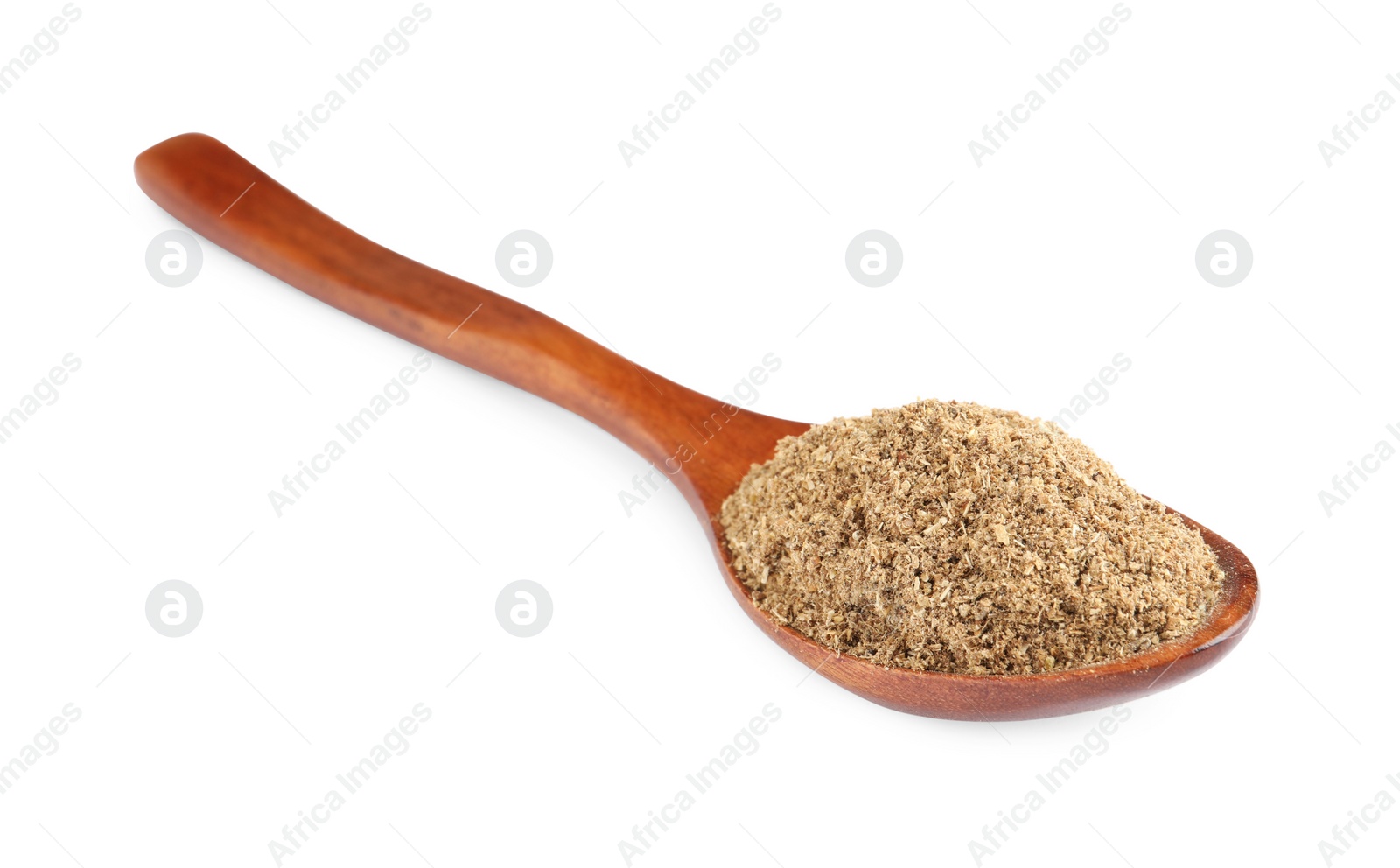 Photo of Wooden spoon with powdered coriander on white background