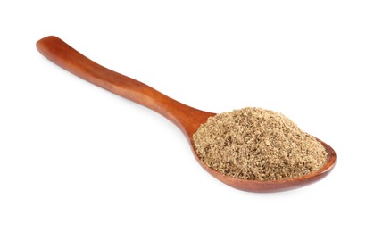 Wooden spoon with powdered coriander on white background Photo of Wooden spoon with powdered coriander on white background