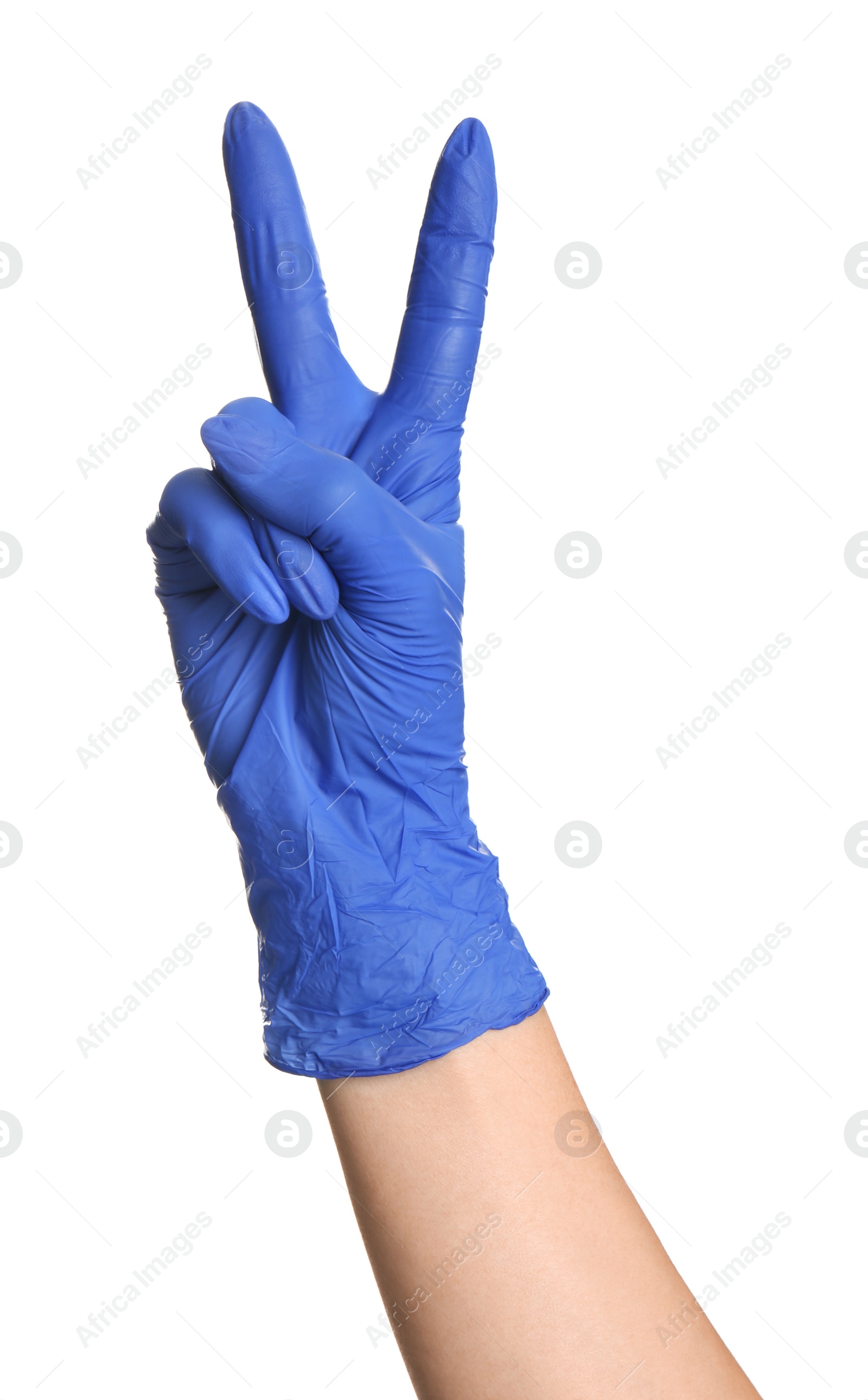 Woman in blue latex gloves showing two fingers on white background, closeup of hand Photo of Woman in blue latex gloves showing two fingers on white background, closeup of hand
