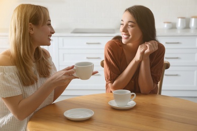Young women talking while drinking tea at table in kitchen Photo of Young women talking while drinking tea at table in kitchen
