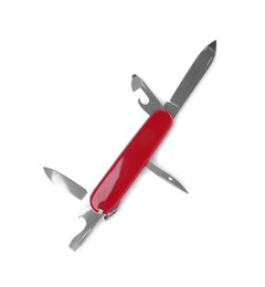 Red compact portable multitool isolated on white Photo of Red compact portable multitool isolated on white