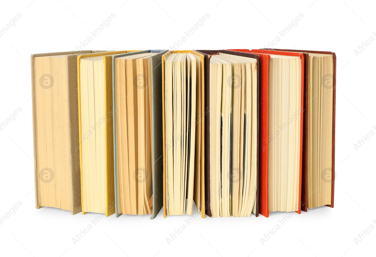 Lots of library books on white background Photo of Lots of library books on white background