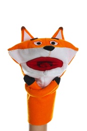 Fox puppet for show on hand against white background Photo of Fox puppet for show on hand against white background