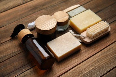 Eco friendly personal care products on wooden table, closeup Photo of Eco friendly personal care products on wooden table, closeup