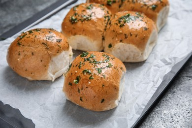 Traditional pampushka buns with garlic and herbs on baking dish, closeup Photo of Traditional pampushka buns with garlic and herbs on baking dish, closeup