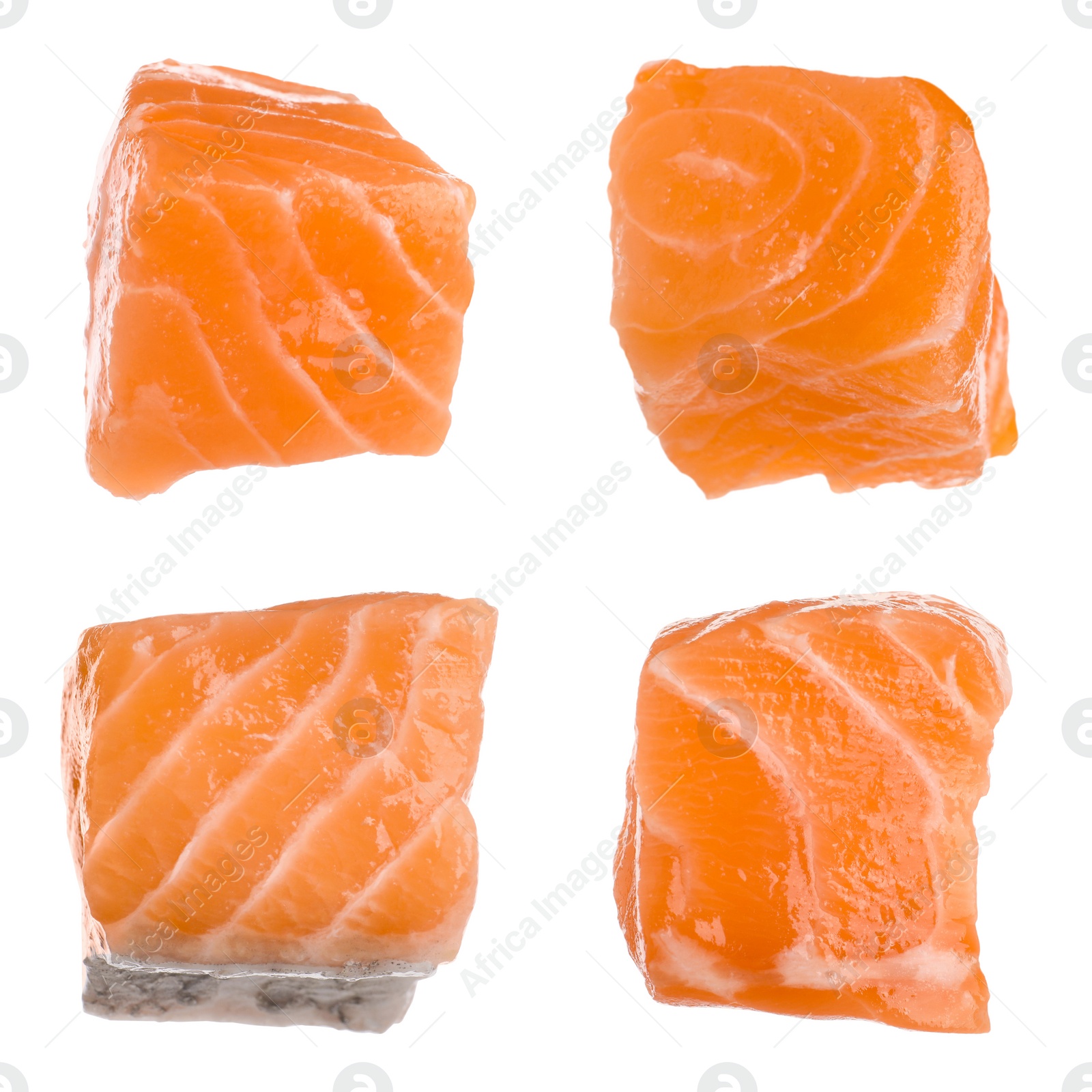 Set with pieces of fresh raw salmon on white background. Fish delicacy Image of Set with pieces of fresh raw salmon on white background. Fish delicacy