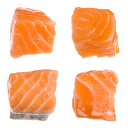 Set with pieces of fresh raw salmon on white background. Fish delicacy Image of Set with pieces of fresh raw salmon on white background. Fish delicacy